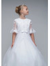 Beaded Elbow Sleeves White Lace Tulle Flower Girl Dress